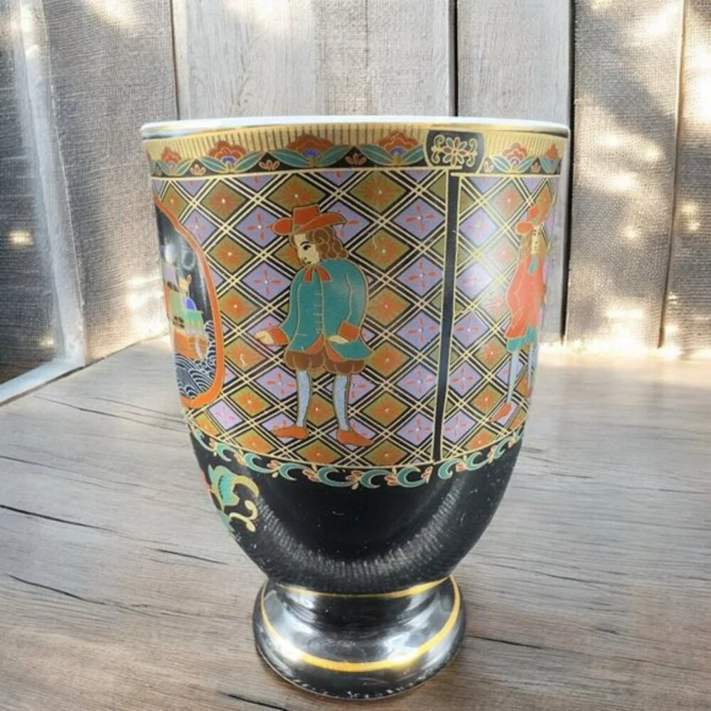 Japanese Oriental Ceramic Goblet Drinking Cups Tumblers Ships Pattern Set 2 Cups